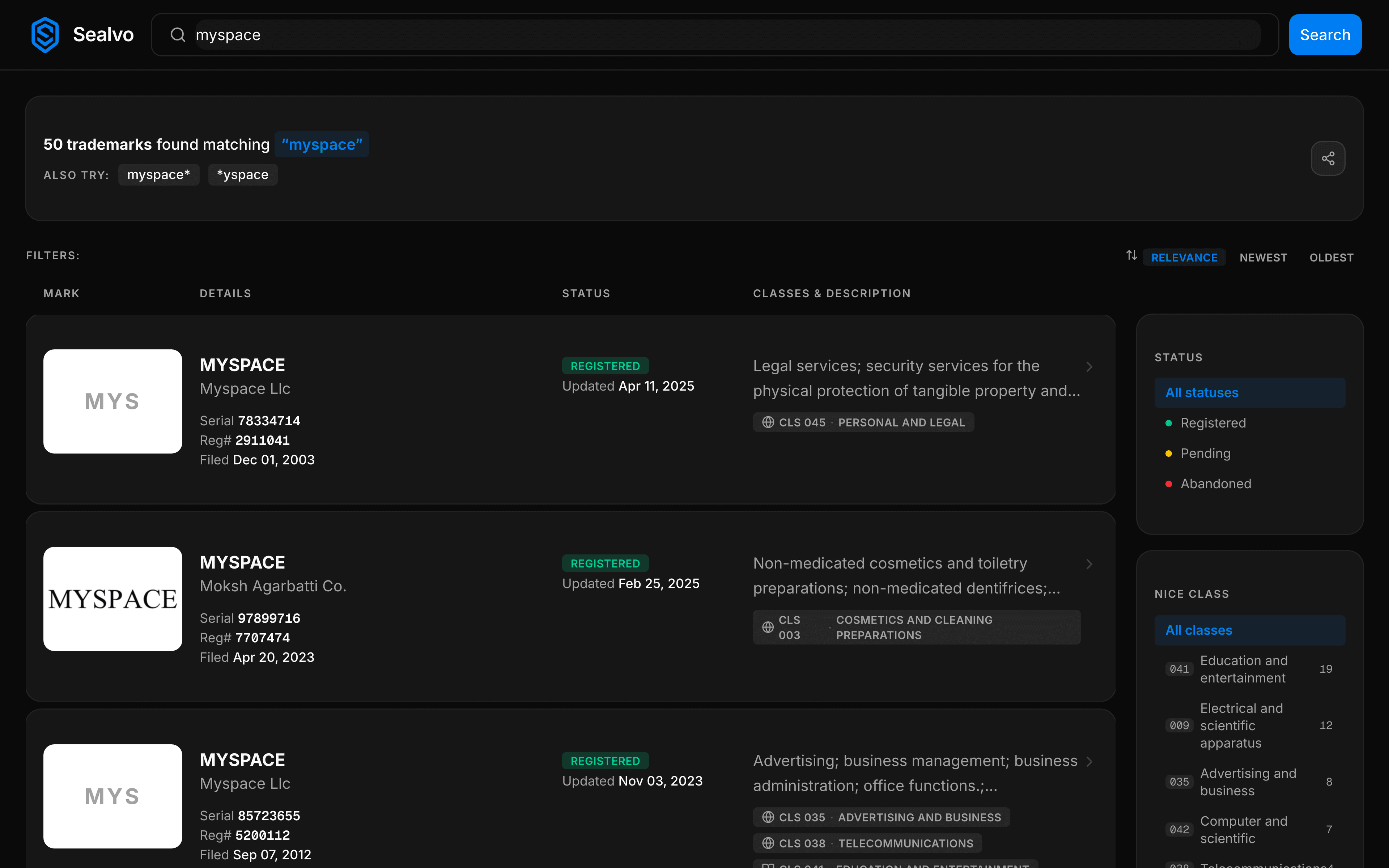 Abandoned trademark status badge on Sealvo
