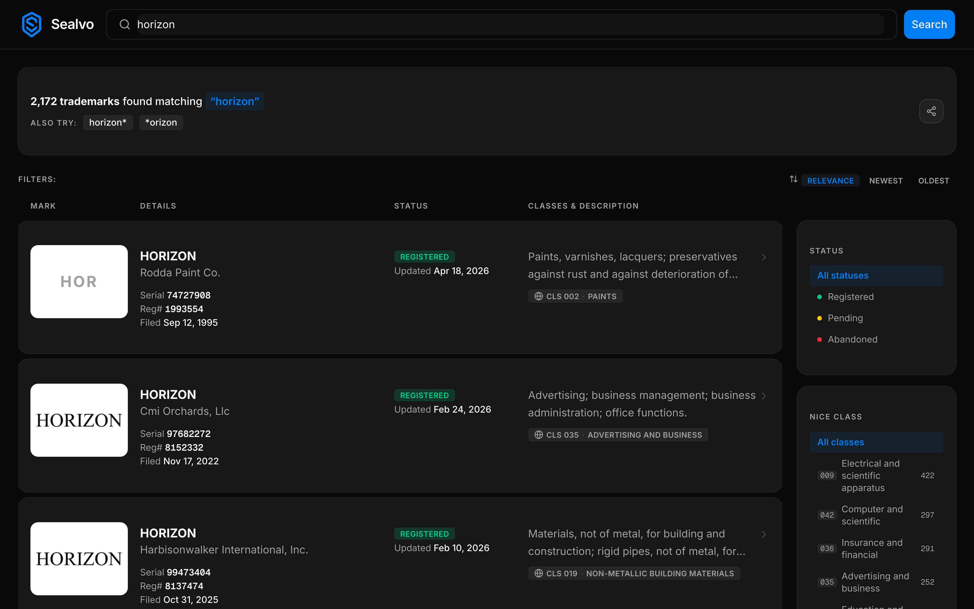 Pending trademark status badge on Sealvo